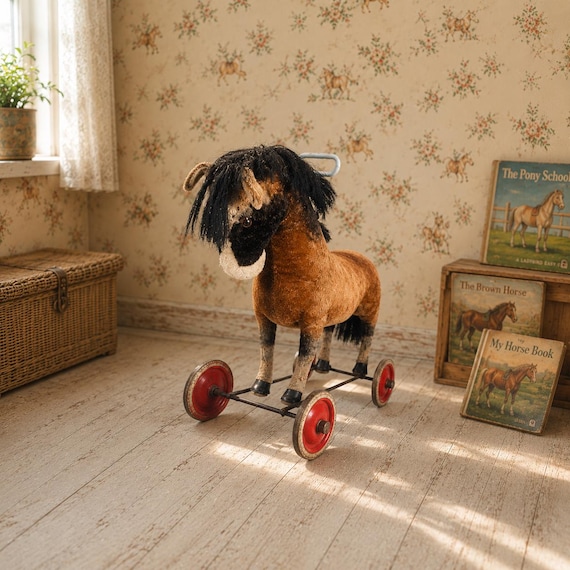 RARE Steiff Ride-on Horse on Wheels – Mohair – 1951–1964 – With