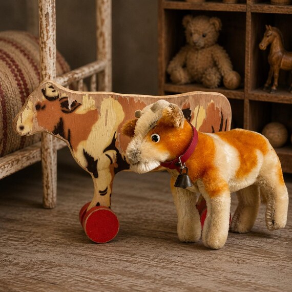 Vintage Steiff Mohair Cow Bessy Together With Antique LEGO Cow on