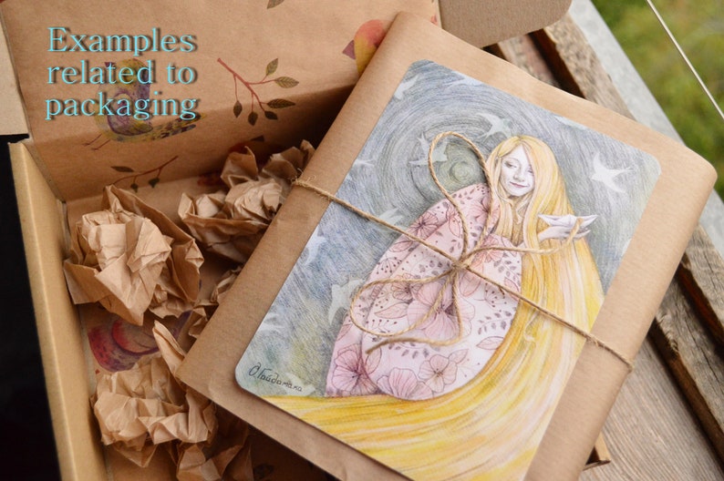 May include: A brown paper package tied with twine and decorated with a watercolor illustration of a woman with long flowing hair and a pink floral pattern. The illustration is set against a dark blue background with white birds flying around her.