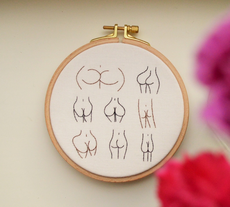 Booty mini embroidery hoop 5", female figure art, black and white art, body positive image 1