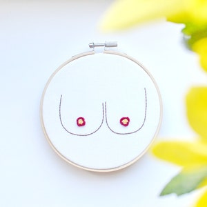 May include: Embroidered hoop art featuring a pair of breasts with a small red flower at each nipple.