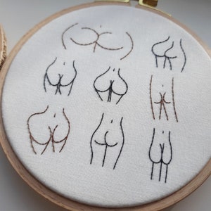 May include: Embroidered hoop art featuring various line drawings of human figures in different poses. The figures are outlined in black and brown thread on a white fabric background.