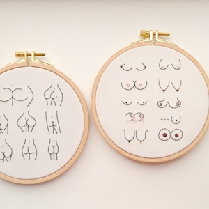 2  embroidery hoops 5", female nude, handmade art, big booty, boobs, feminist gift