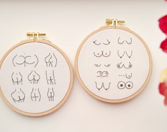 2 Stickrahmen 13 cm, weiblicher Akt, handgemacht, booby, Po, feministisches Geschenk