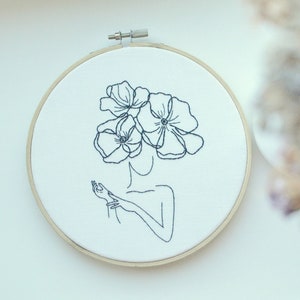 K&ouml;nnte beinhalten: Stickerei auf einem Stickrahmen mit einer Linienzeichnung einer Person mit Blumen als Kopf. Die Blumen sind stilisiert und haben jeweils f&uuml;nf Bl&uuml;tenbl&auml;tter.