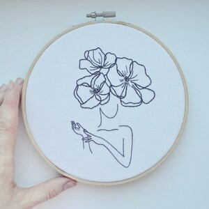 K&ouml;nnte beinhalten: Schwarz-wei&szlig;es Stickbild in einem Stickrahmen mit einer Linienzeichnung einer Person mit Blumen auf dem Kopf.