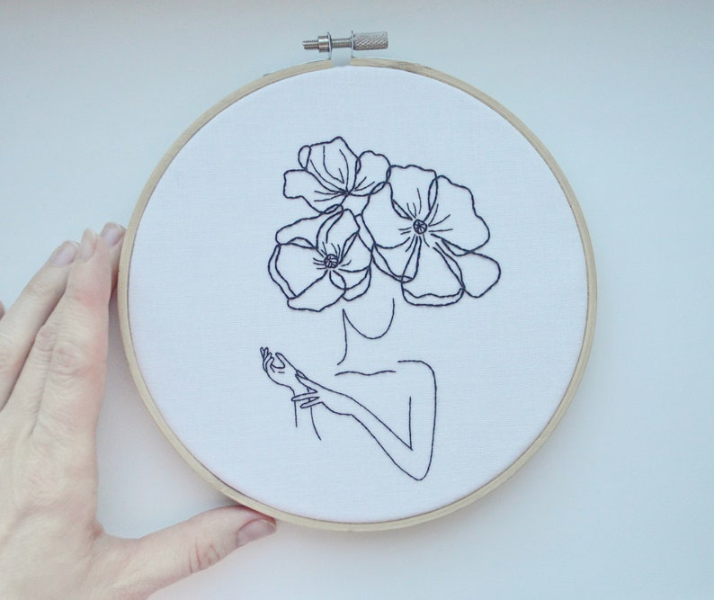 K&ouml;nnte beinhalten: Schwarz-wei&szlig;es Stickbild in einem Stickrahmen mit einer Linienzeichnung einer Person mit Blumen auf dem Kopf.