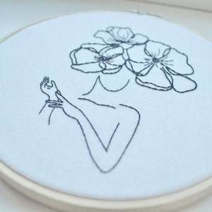 K&ouml;nnte beinhalten: Schwarz-wei&szlig; gestickte Bilderrahmenkunst mit einer Linienzeichnung einer Person mit Blumen als Kopf.