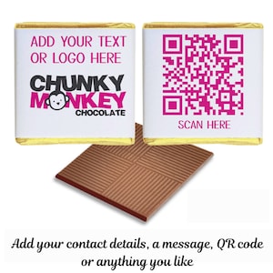 May include: A white chocolate bar with a pink logo that says "CHUNKY MONKEY CHOCOLATE". The bar also has a pink QR code with the text "SCAN HERE".