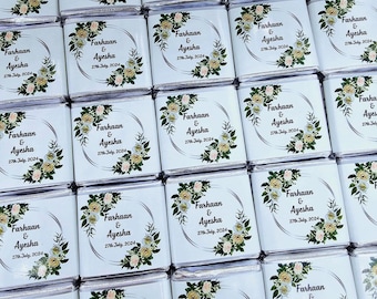 50 Personalised Chocolate Wedding Favours – Custom Chocolates, Floral Design Wrappers, Unique Wedding Gifts