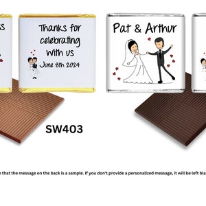 May include: Two white chocolate squares with gold foil wrappers featuring cartoon illustrations of wedding couples. The text on the wrappers reads "Shannon & Ross" and "Pat & Arthur". The text on the back of the chocolate squares reads "Thanks for celebrating with us June 8th 2024".