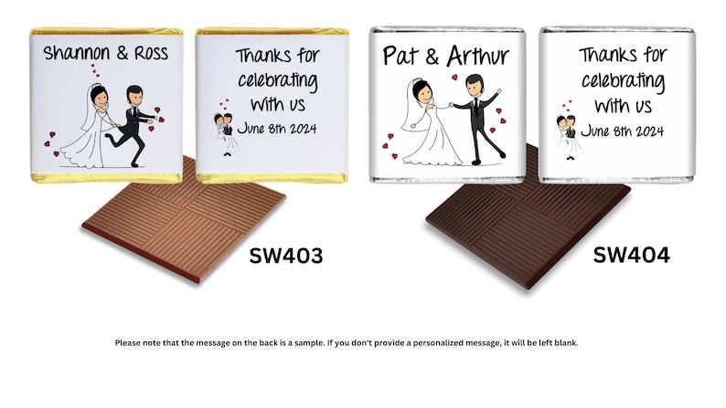 May include: Two white chocolate squares with gold foil wrappers featuring cartoon illustrations of wedding couples. The text on the wrappers reads "Shannon & Ross" and "Pat & Arthur". The text on the back of the chocolate squares reads "Thanks for celebrating with us June 8th 2024".