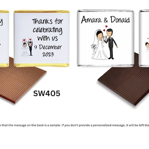 May include: Two white chocolate bars with personalised wedding messages and cartoon illustrations of couples. The chocolate bars are wrapped in gold and silver foil. The back of the chocolate bars have a brown chocolate pattern. The chocolate bars are labelled "SW405" and "SW406".