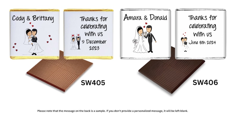 May include: Two white chocolate bars with personalised wedding messages and cartoon illustrations of couples. The chocolate bars are wrapped in gold and silver foil. The back of the chocolate bars have a brown chocolate pattern. The chocolate bars are labelled "SW405" and "SW406".