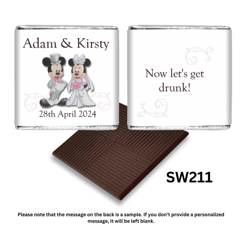 May include: A silver foil-wrapped chocolate bar with a personalised wedding message featuring Mickey and Minnie Mouse dressed in wedding attire. The front of the bar says "Adam & Kirsty" and "28th April 2024". The back of the bar says "Now let's get drunk!" and "SW211".