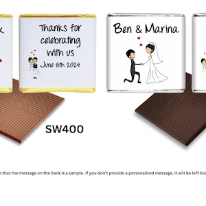 May include: Two white chocolate bars with personalised wedding messages. The first bar has a gold foil wrapper and says "Chloe & Jack" with a cartoon couple holding a heart. The second bar has a silver foil wrapper and says "Ben & Marina" with a cartoon couple holding hands. Both bars have the text "Thanks for celebrating with us June 8th 2024".