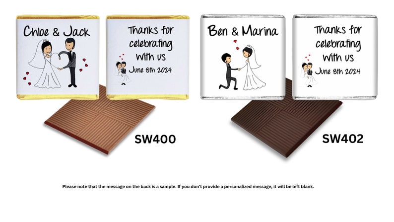 May include: Two white chocolate bars with personalised wedding messages. The first bar has a gold foil wrapper and says "Chloe & Jack" with a cartoon couple holding a heart. The second bar has a silver foil wrapper and says "Ben & Marina" with a cartoon couple holding hands. Both bars have the text "Thanks for celebrating with us June 8th 2024".