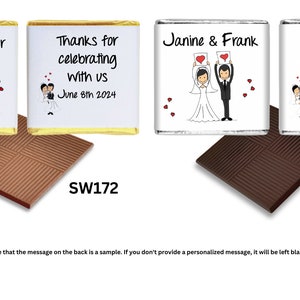 May include: Two chocolate bar wrappers with wedding-themed illustrations and text. The wrappers are gold and silver. The text on the wrappers reads "Jeff & Heather", "Thanks for celebrating with us June 8th 2024", "Janine & Frank", and "Thanks for celebrating with us June 8th 2024". The chocolate bars are brown and have a grid pattern.