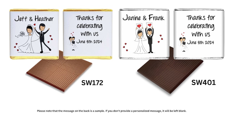 May include: Two chocolate bar wrappers with wedding-themed illustrations and text. The wrappers are gold and silver. The text on the wrappers reads "Jeff & Heather", "Thanks for celebrating with us June 8th 2024", "Janine & Frank", and "Thanks for celebrating with us June 8th 2024". The chocolate bars are brown and have a grid pattern.