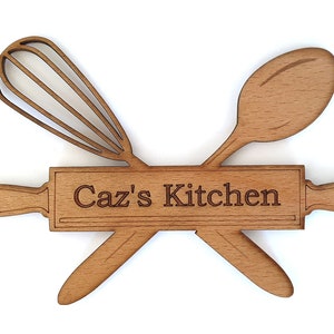 Personalised Kitchen Sign/Magnet - 3.6mm Birch Plywood, Kitchen, Bakers Style, Whisk, Spoon, Wooden Magnet, Chef/ Cook with Mounting option