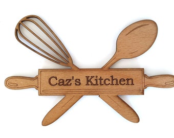 Personalised Kitchen Sign/Magnet - 3.6mm Birch Plywood, Kitchen, Bakers Style, Whisk, Spoon, Wooden Magnet, Chef/ Cook