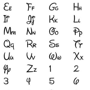 May include: Black and white alphabet letters and numbers in a stylised Disney font. The letters are in uppercase and lowercase. The numbers are 1 through 9 and 0.
