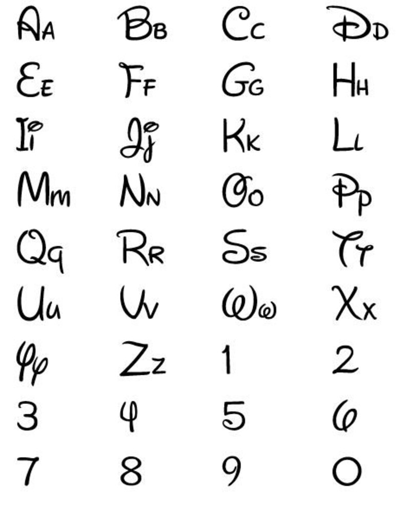 May include: Black and white alphabet letters and numbers in a stylised Disney font. The letters are in uppercase and lowercase. The numbers are 1 through 9 and 0.