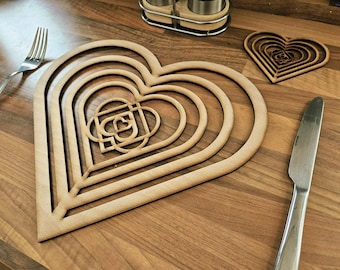 Wood Love Heart romantic Place Mats and Coasters,  Discounted sets option. Dining Set or Table Decorations.