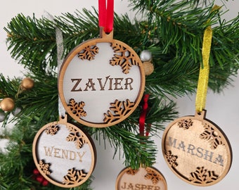 Personalised 3D CHRISTMAS SNOWFLAKE BAUBLES can be engraved on both sides. Wooden Bauble, Remembering Ornament Gift Tags Laser Cut Wood