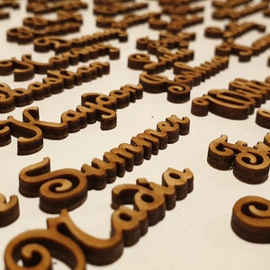 Könnte beinhalten: Eine Sammlung von Holz-Namensschildern mit Namen wie "Summer", "Frankie", "Layton" und "Cassie", die in einer kursiven Schrift geschrieben sind. Die Schilder sind alle braun und haben einen leicht abgenutzten Look.