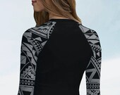 Polynesian rash guard surf shirt - Hawaiian shirt women - Half black gray Samoan tattoo yoga top - Size XS-3XL