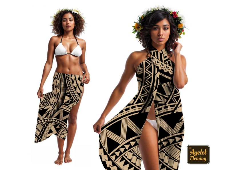 May include: Two women wearing black and gold patterned sarongs. One woman is wearing a white bikini top and the other is wearing a halter top style sarong. Both women are wearing flower crowns.
