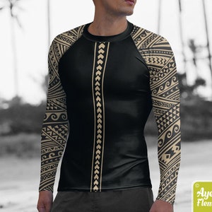 Polynesian mens rash guard surfer shirt - Hawaiian shirt sports wear - Half black tan Samoan tattoo surf shirt - Size XS-3XL image 5