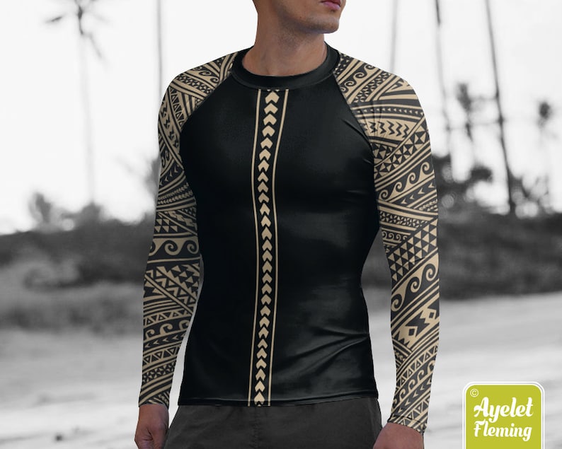 Polynesian mens rash guard surfer shirt - Hawaiian shirt sports wear - Half black tan Samoan tattoo surf shirt - Size XS-3XL image 5