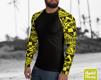 Polynesian mens rash guard surfer shirt - Hawaiian shirt sports wear - Half black yellow Samoan surf shirt - Size XS-3XL