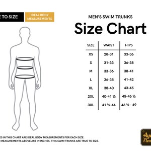 May include: Size chart for men's swim trunks with measurements in inches for waist and hips. Sizes include XS, S, M, L, XL, 2XL, and 3XL.