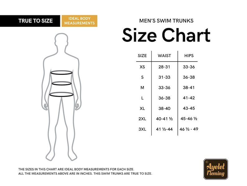 May include: Size chart for men's swim trunks with measurements in inches for waist and hips. Sizes include XS, S, M, L, XL, 2XL, and 3XL.