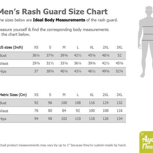 May include: Size chart for rash guards, showing measurements in inches and centimeters for bust, waist, and hips. The chart includes sizes from XS to 3XL.