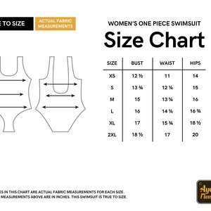 May include: Size chart for a one-piece swimsuit with measurements in inches for bust, waist, and hips. Sizes include XS, S, M, L, XL, and 2XL.