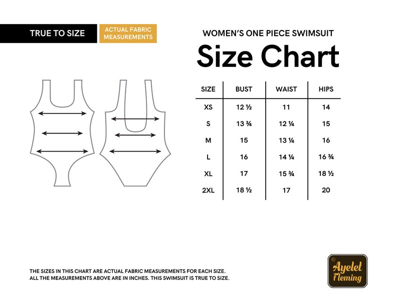 May include: Size chart for a one-piece swimsuit with measurements in inches for bust, waist, and hips. Sizes include XS, S, M, L, XL, and 2XL.