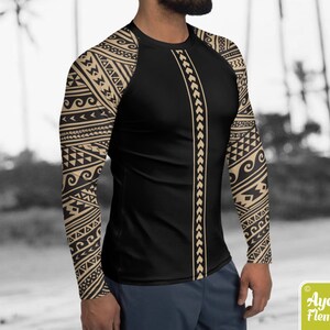 Polynesian mens rash guard surfer shirt - Hawaiian shirt sports wear - Half black tan Samoan tattoo surf shirt - Size XS-3XL image 3