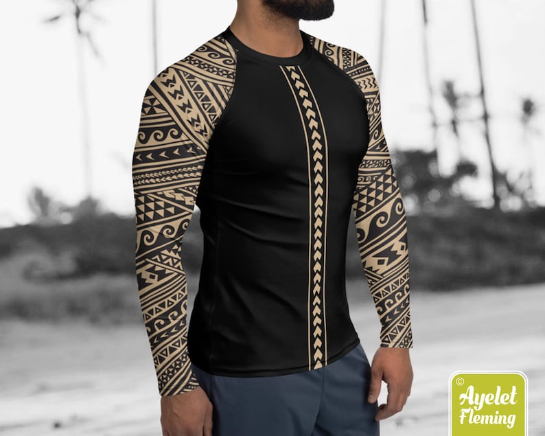 Polynesian mens rash guard surfer shirt - Hawaiian shirt sports wear - Half black tan Samoan tattoo surf shirt - Size XS-3XL image 3