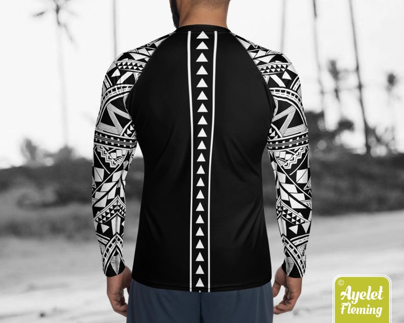 Polynesian mens rash guard surfer shirt Hawaiian shirt sports wear Black white Samoan surf shirt Size XS-3XL image 4
