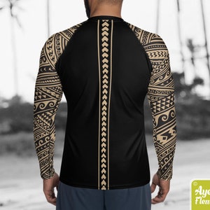 Polynesian mens rash guard surfer shirt - Hawaiian shirt sports wear - Half black tan Samoan tattoo surf shirt - Size XS-3XL image 2