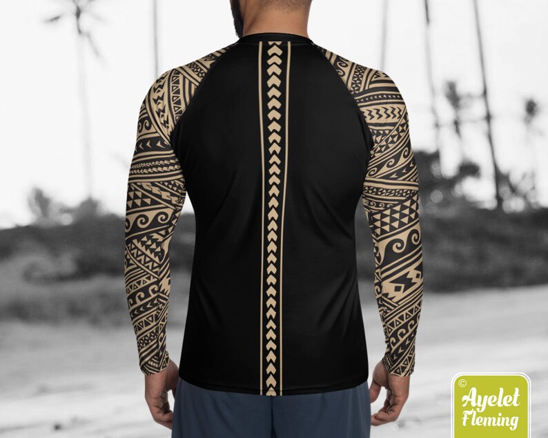 Polynesian mens rash guard surfer shirt - Hawaiian shirt sports wear - Half black tan Samoan tattoo surf shirt - Size XS-3XL image 2