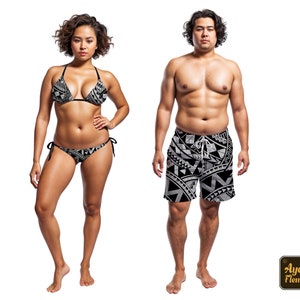 Polynesische kleding bijpassende badpakken - grijszwarte zwembroek voor heren, designerbikini, badpak en Hawaïaanse pareo