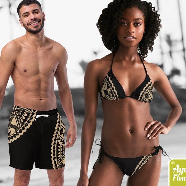 Polynesian one piece swimsuit - Hawaiian mens swim trunks - Curving black tan Samoan tribal matching swimsuits