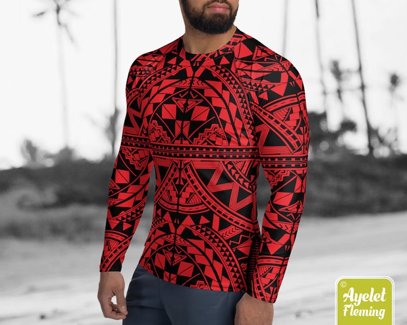 May include: A red and black long-sleeved shirt with a geometric pattern. The pattern is reminiscent of Polynesian tribal art.