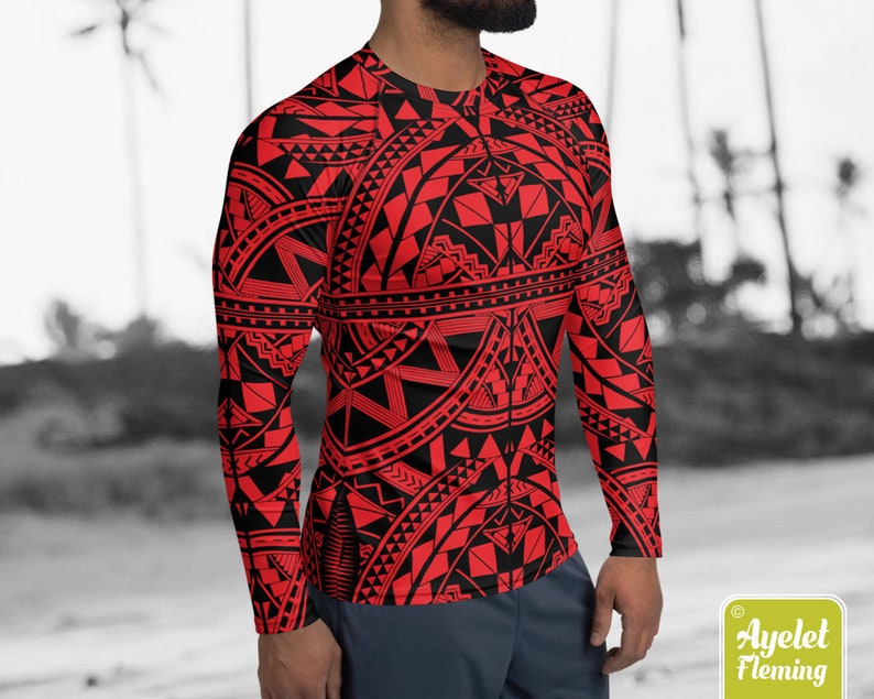 May include: A red and black long-sleeved shirt with a geometric pattern. The pattern is reminiscent of Polynesian tribal art.