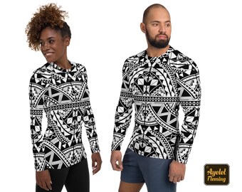 May include: Black and white long-sleeved shirt with a geometric pattern. The shirt features a repeating design of triangles, circles, and lines.